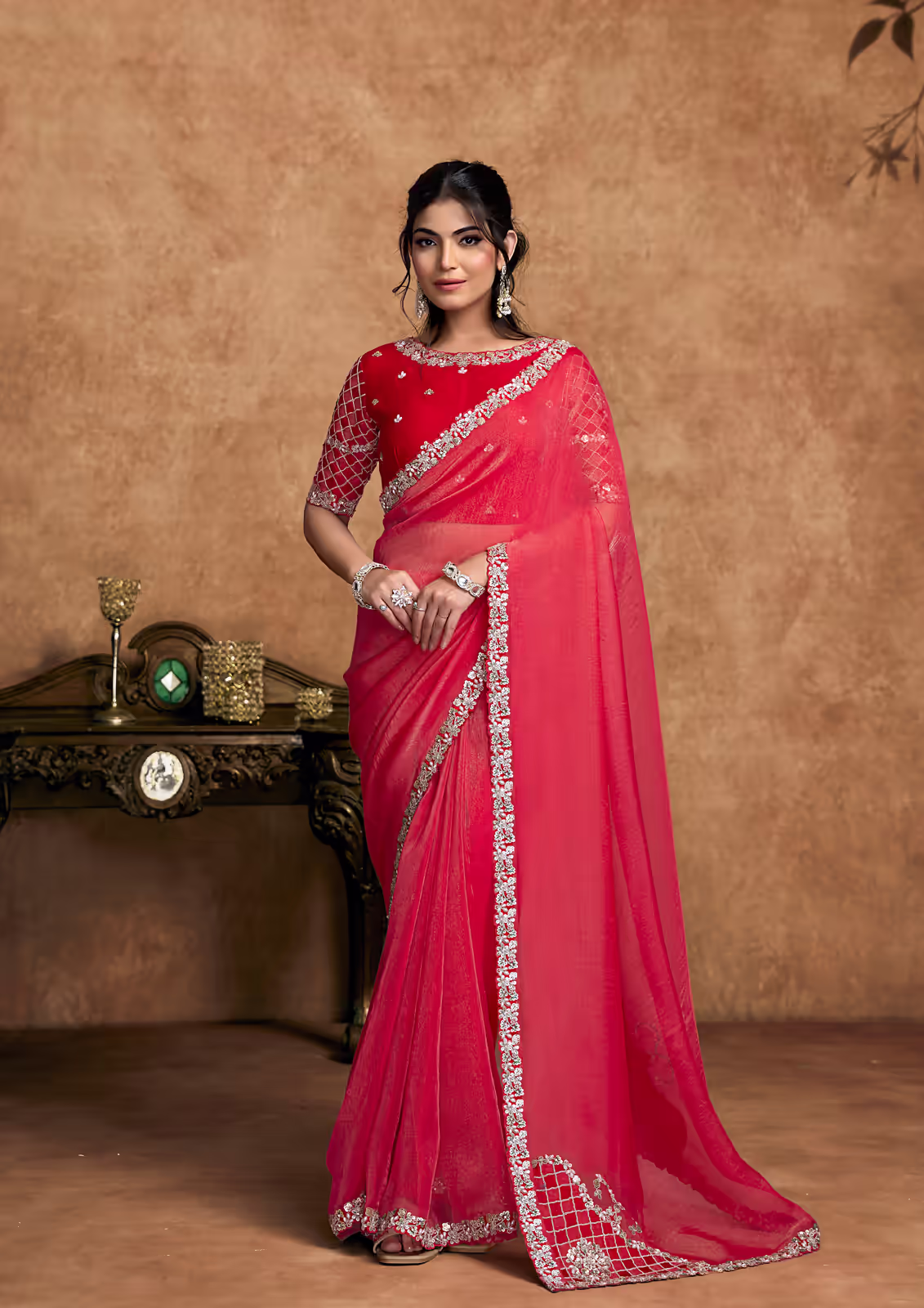 Zari Organza Satin Red Dual Sequin & Pearl Saree | Nayantrends