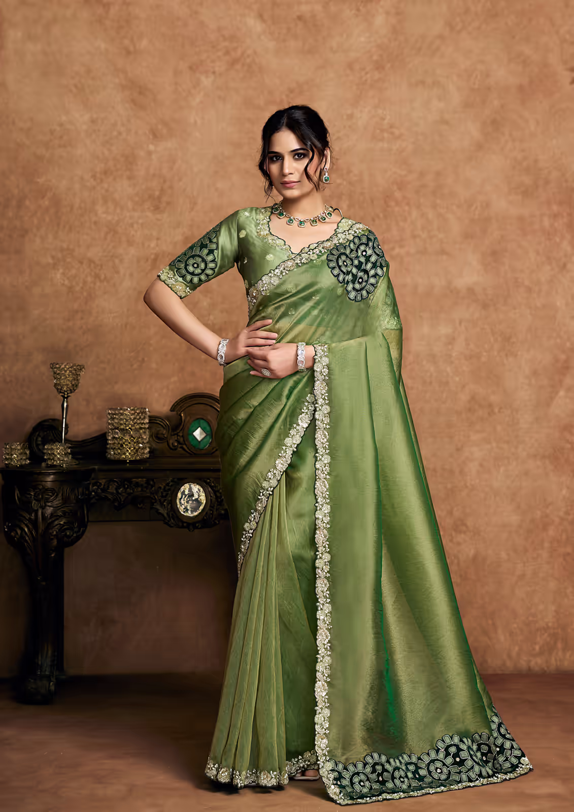 Zari Organza Satin Green Pearl & Applique Work Saree | Nayantrends