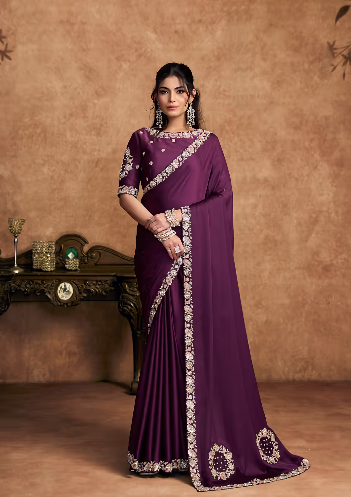 Lustrous Satin Silk Wine Sequin Embellished Saree | Nayantrends