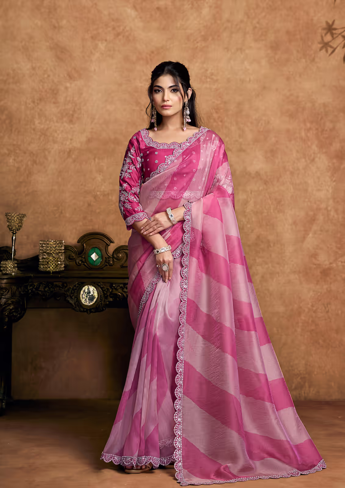 Organza Satin Pink Leheriya Sequin Saree | Nayantrends