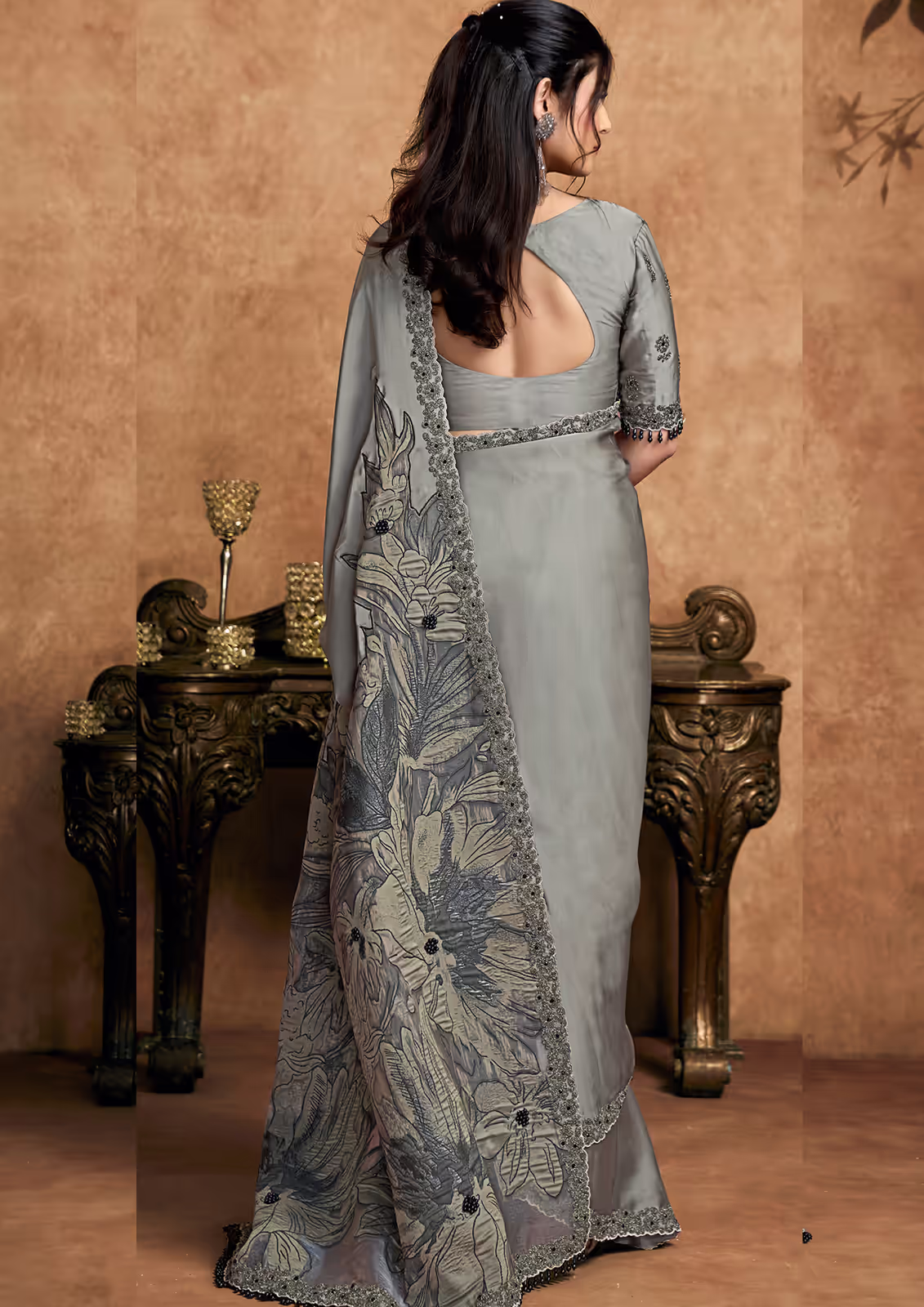 Satin Silk Grey Embroidered Stone Work Saree | Nayantrends