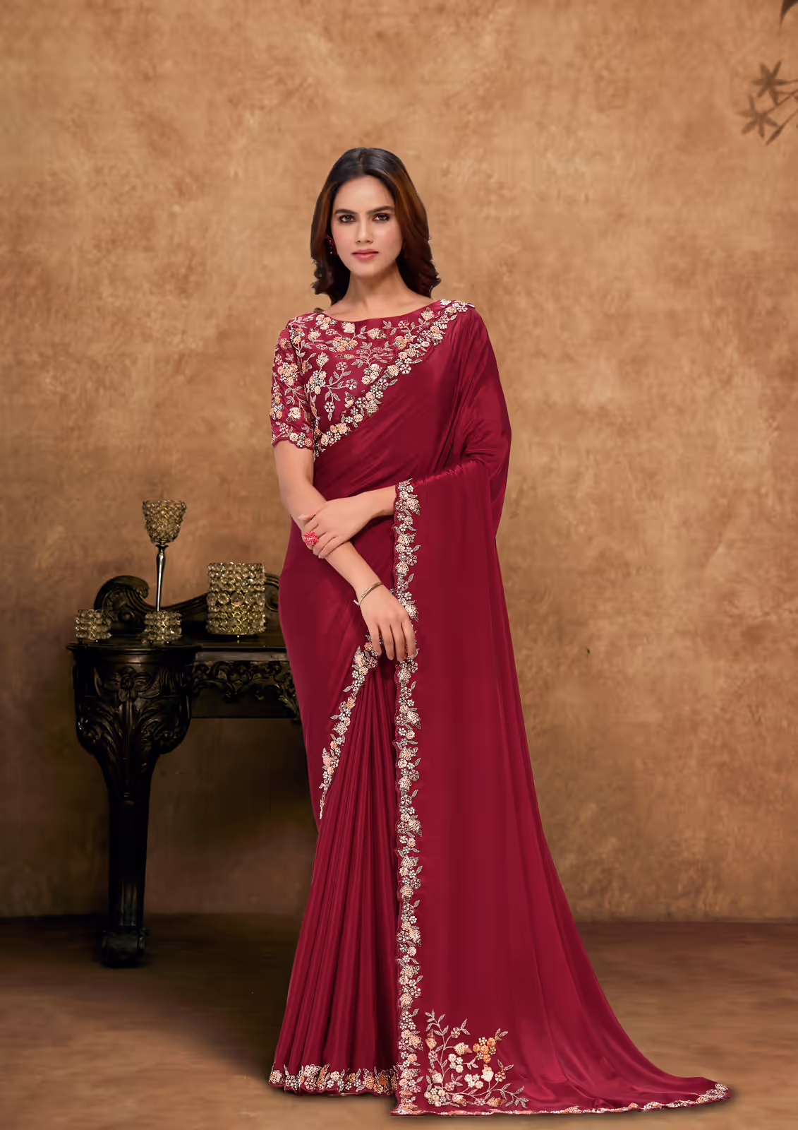 Pure Crepe Georgette Maroon Sequin Motif Saree | Nayantrends