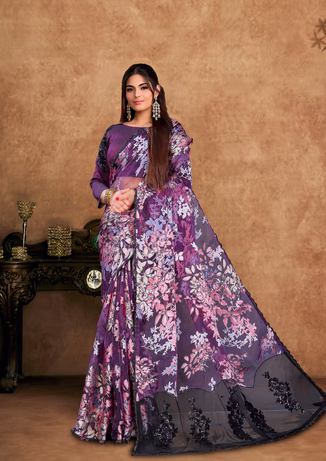 Brasso Wine Thread Embroidery Saree | Nayantrends