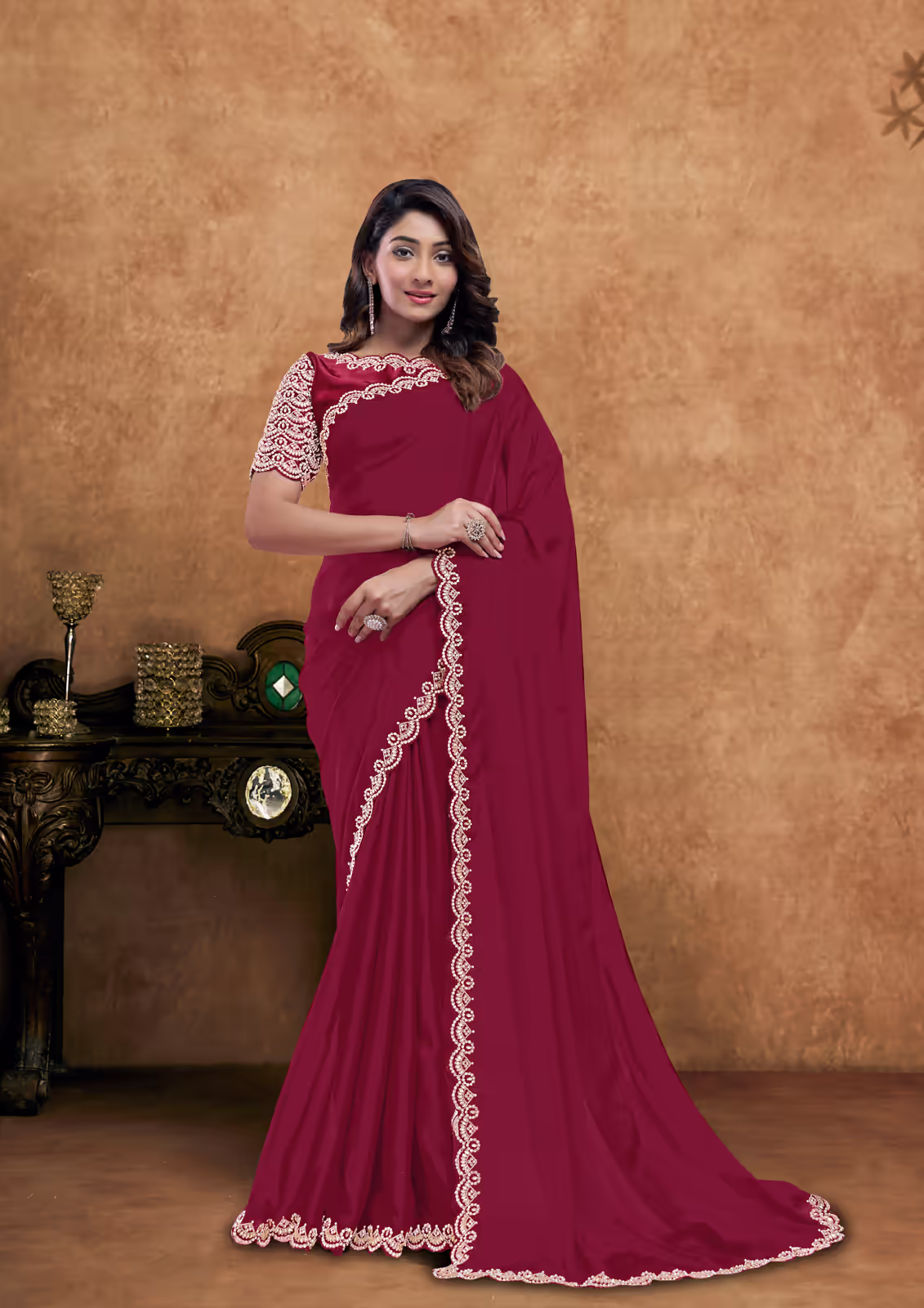 Pure Crepe Silk Red Motif Handwork Saree | Nayantrends