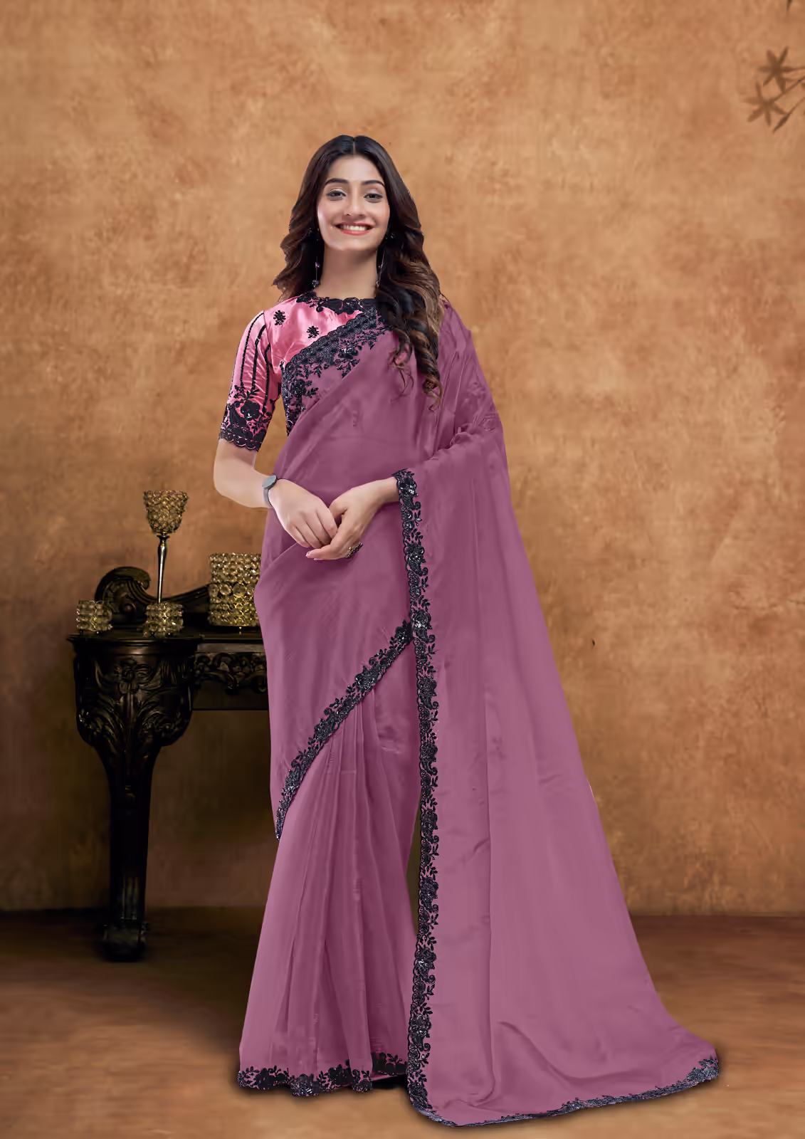 Crush Pure Silk Dark Mauve Sequin Work Saree | Nayantrends