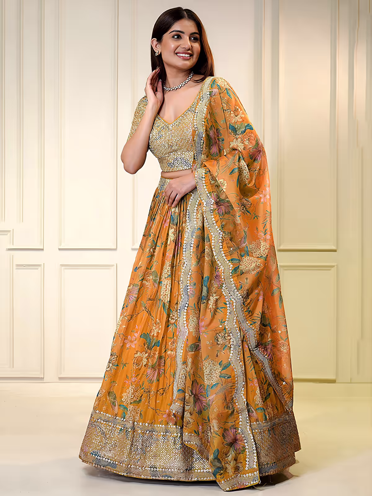 Designer Orange Organza Lehenga Choli Set with Zari & Sequins Work