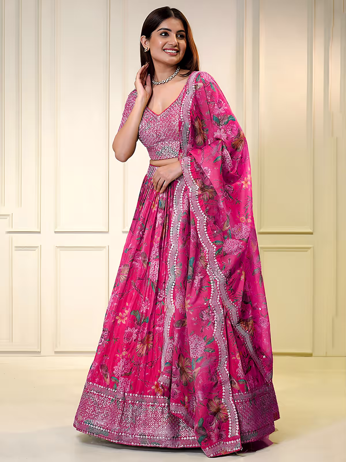 Designer Pink Organza Lehenga Choli Set with Zari & Sequins Work