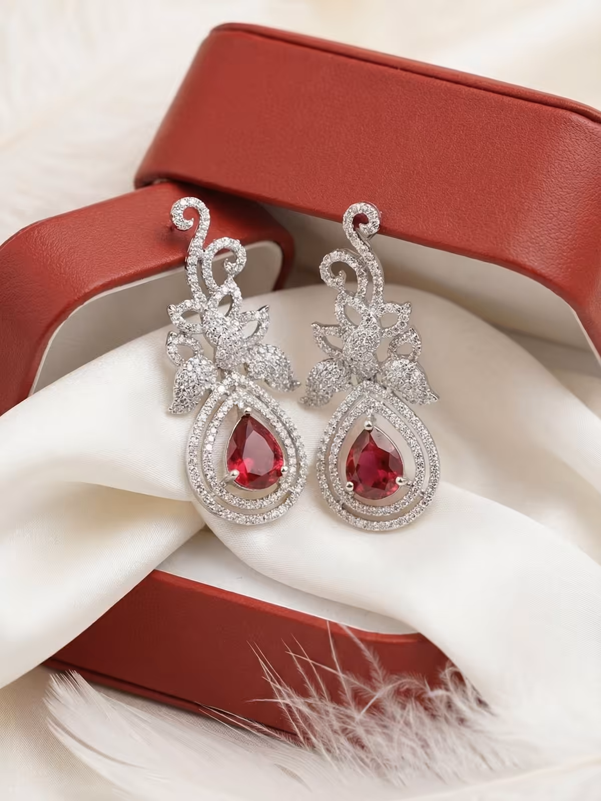 American Diamond Drop Earrings with Ruby Red Stone for Women