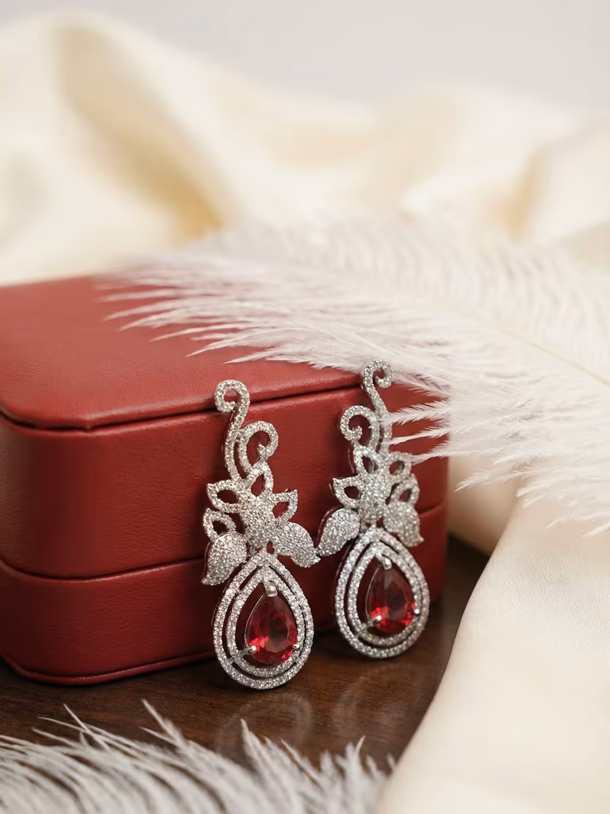 American Diamond Drop Earrings with Ruby Red Stone for Women